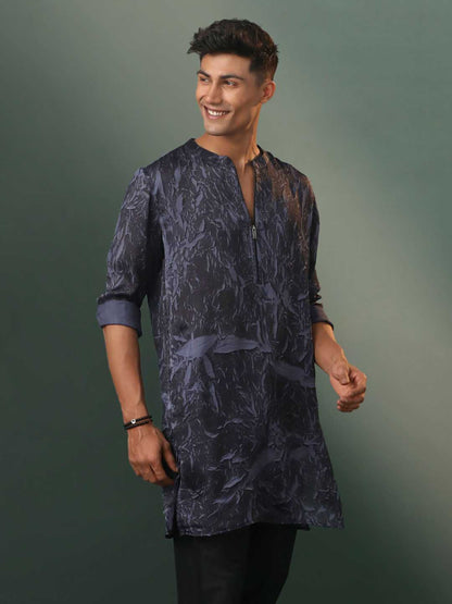 Vastramay Men's Grey And Black Printed Cotton Blend Kurta