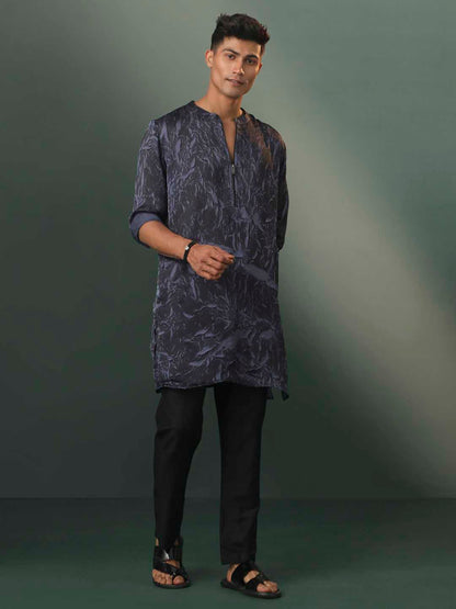 Vastramay Men's Grey And Black Printed Cotton Blend Kurta Pyjama Set