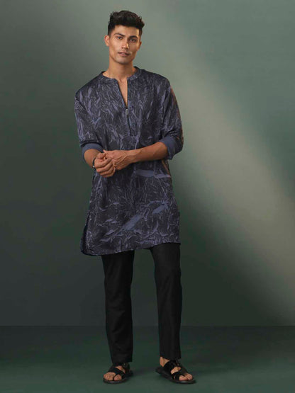 Vastramay Men's Grey And Black Printed Cotton Blend Kurta Pyjama Set