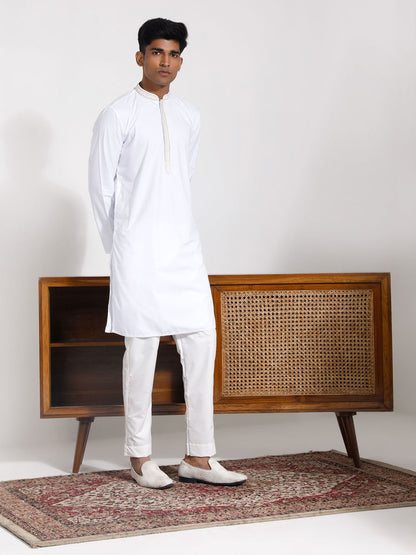 Vastramay Men's White Cotton Kurta Pyjama Set