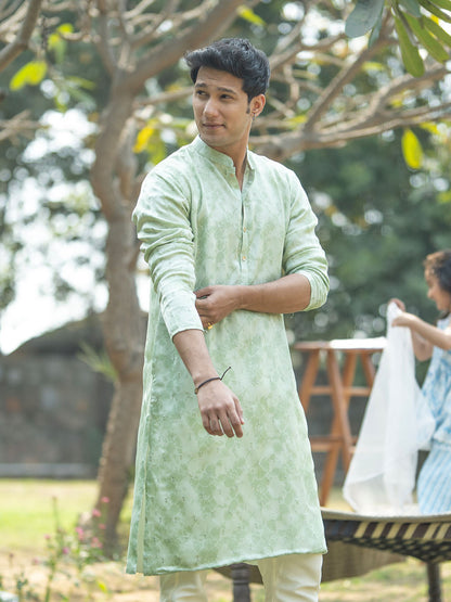 Vastramay Men's Mint Green Silk Blend Kurta