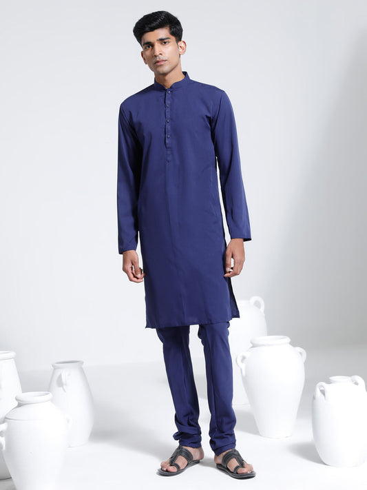 VASTRAMAY Men's Navy Blue Crepe Kurta And Pyjama