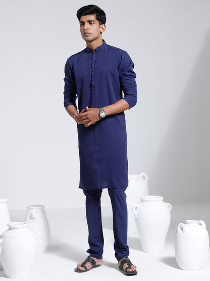 Vastramay Men's Navy Blue Crepe Kurta And Pyjama