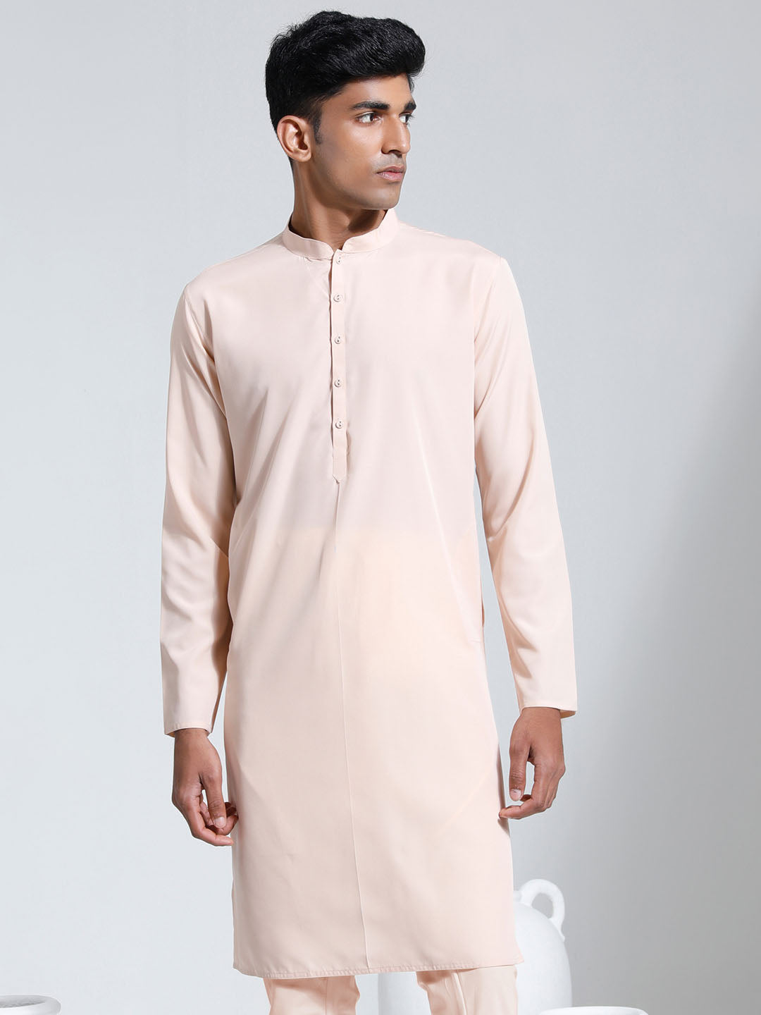 VASTRAMAY Men's Peach Crepe Kurta