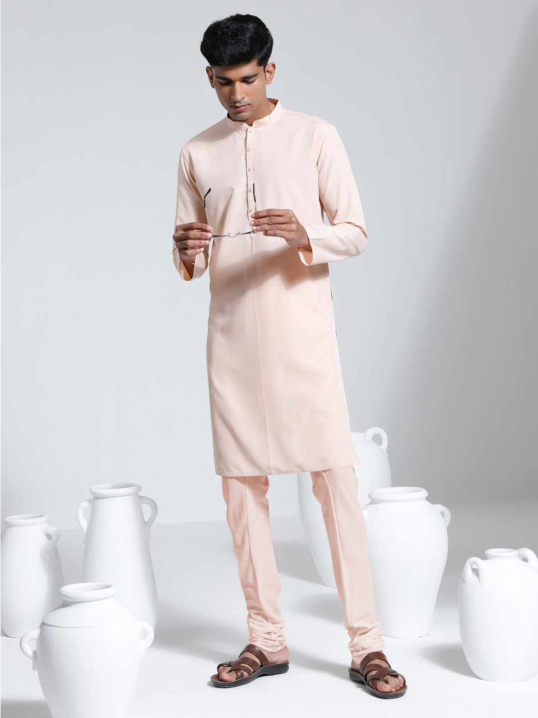 Vastramay Men's Peach Crepe Kurta