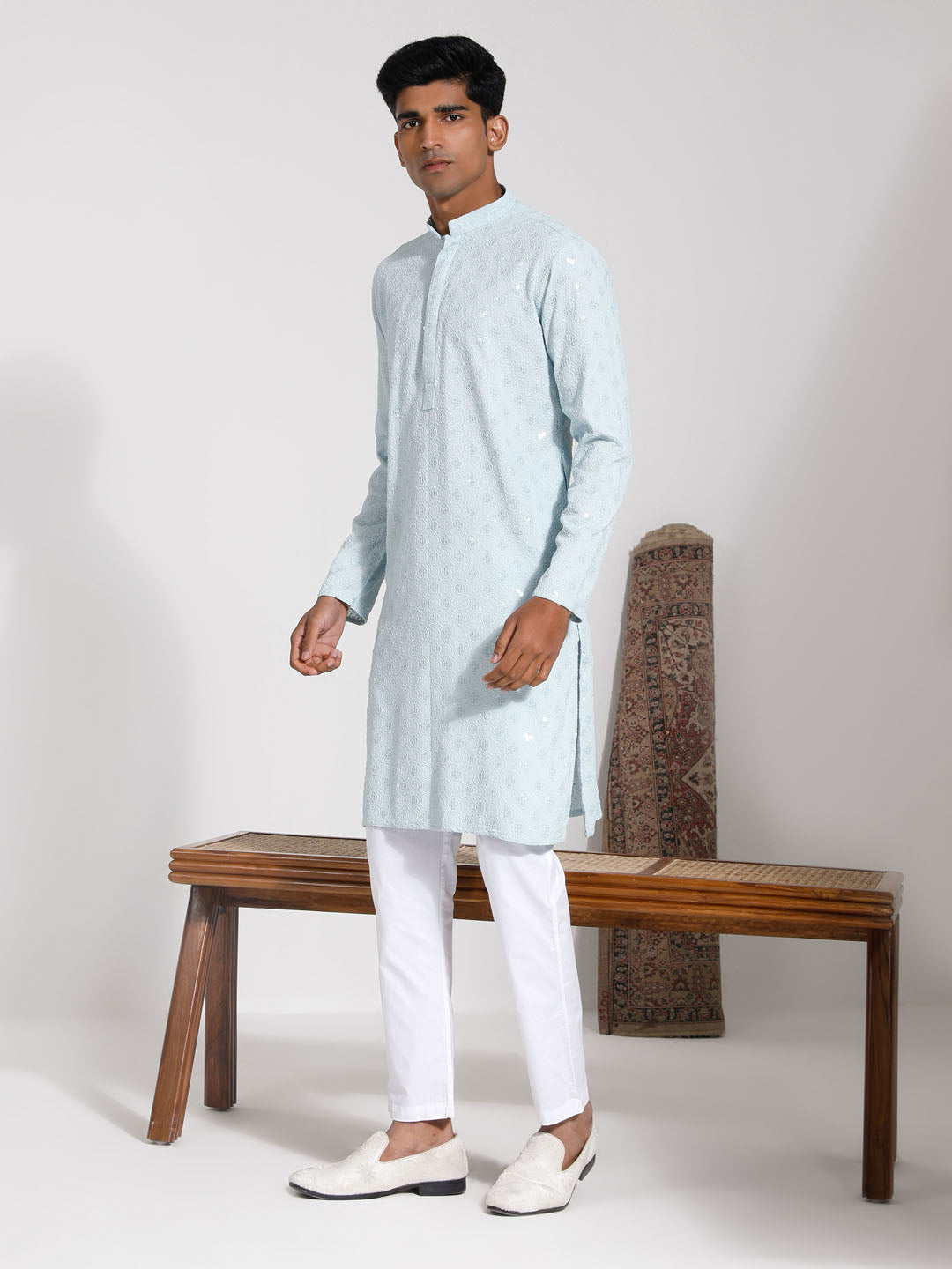 Vastramay Men's Aqua Rayon Kurta And Pyjama Set