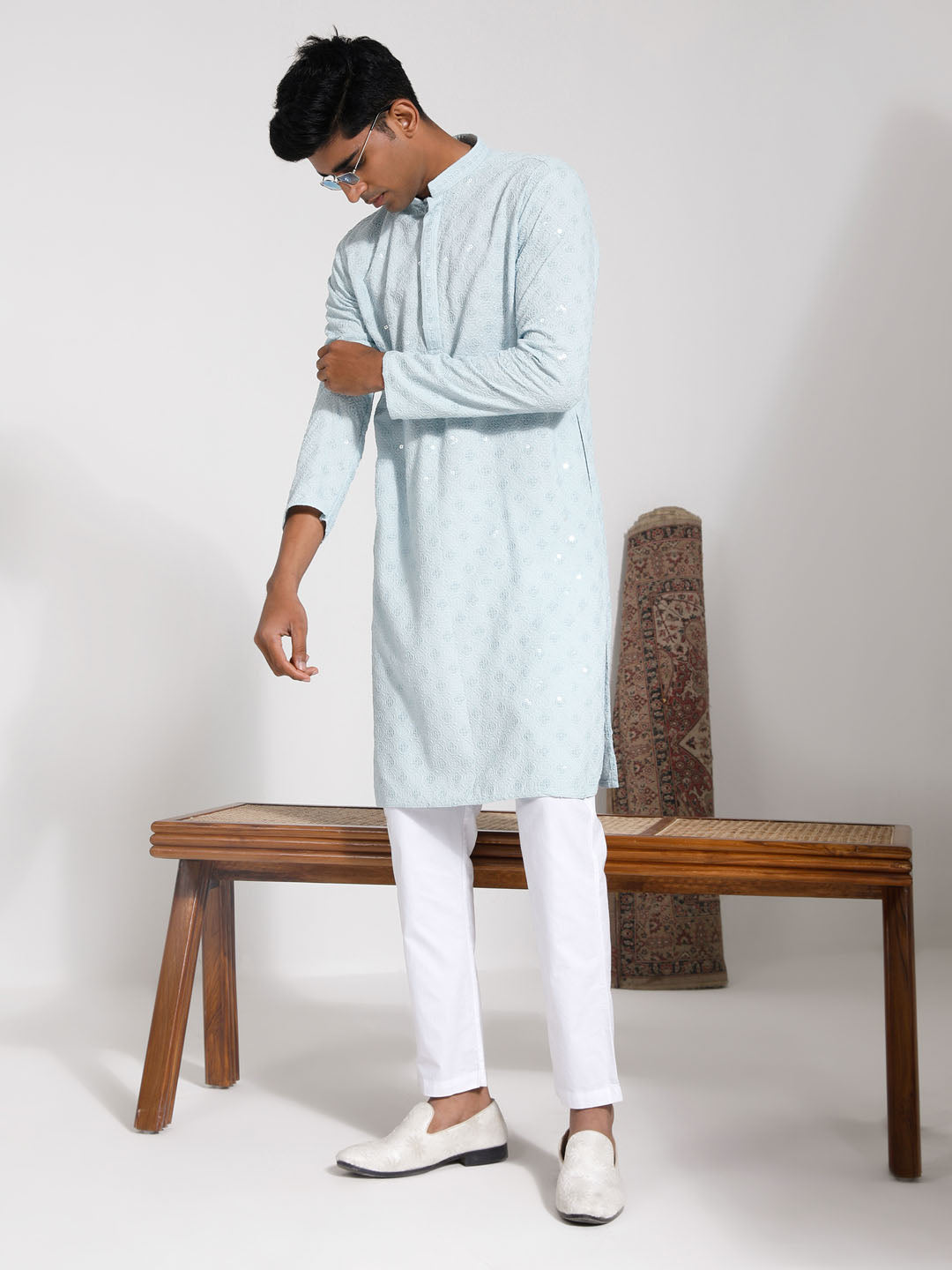 Vastramay Men's Aqua Rayon Kurta And Pyjama Set