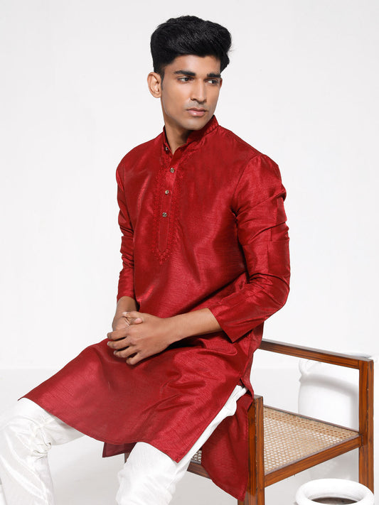 VASTRAMAY Men's Maroon Dupion Silk Kurta