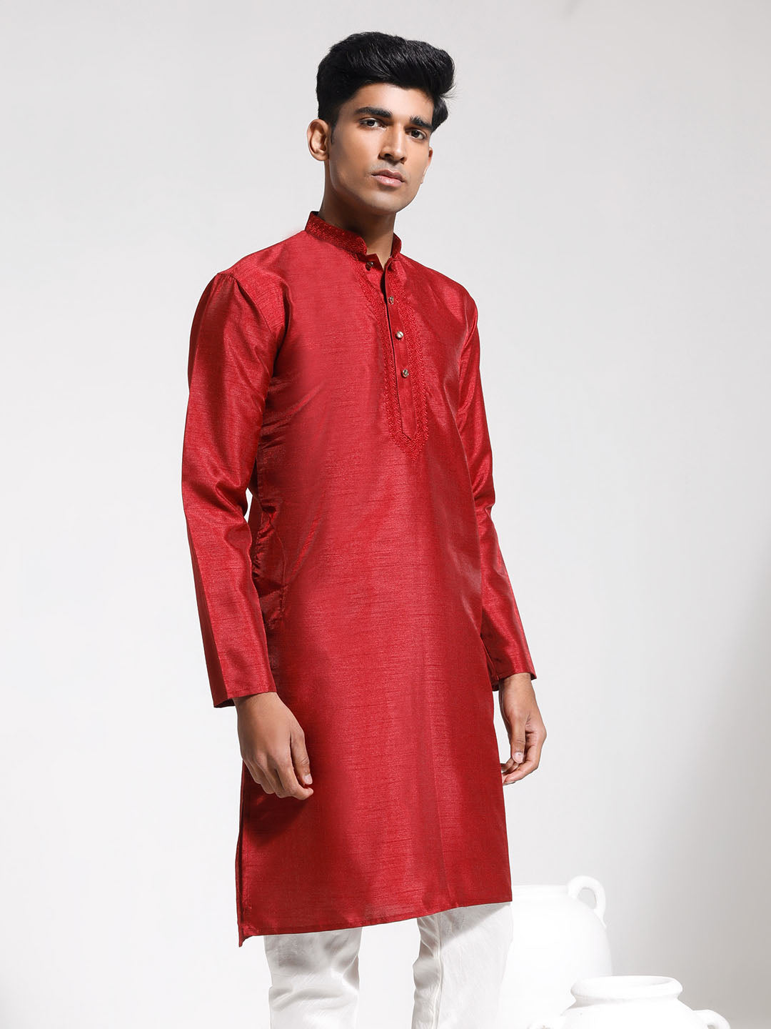 Vastramay Men's Maroon Dupion Silk Kurta