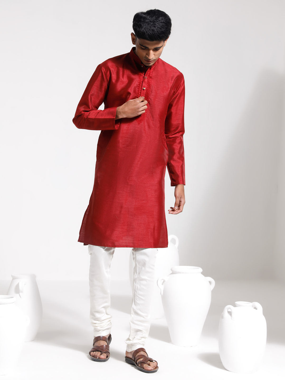 Vastramay Men's Maroon Dupion Silk Kurta