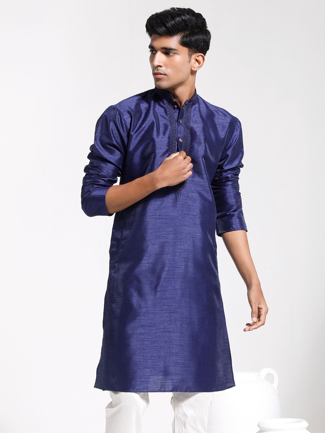 VASTRAMAY Men's Navy Blue Dupion Silk Kurta