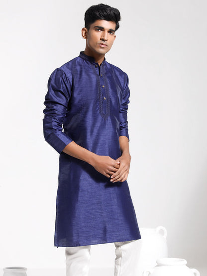 Vastramay Men's Navy Blue Dupion Silk Kurta