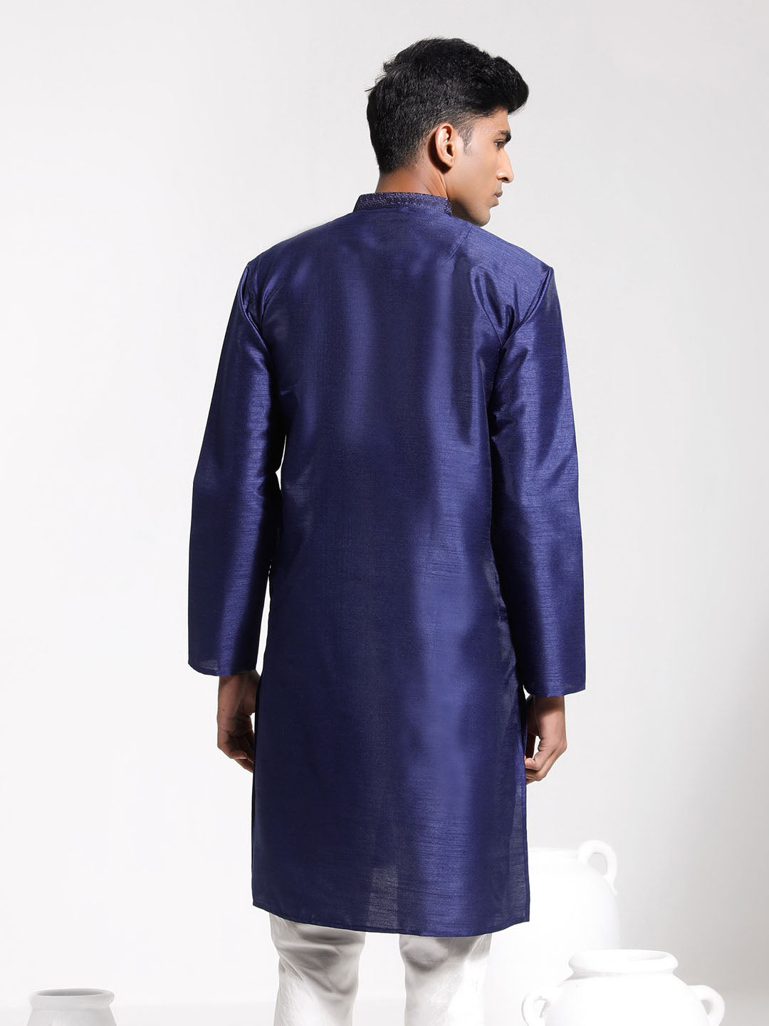 Vastramay Men's Navy Blue Dupion Silk Kurta