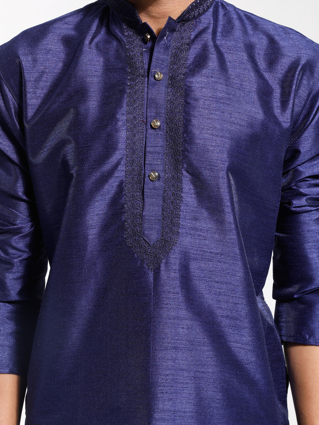 Vastramay Men's Navy Blue Dupion Silk Kurta