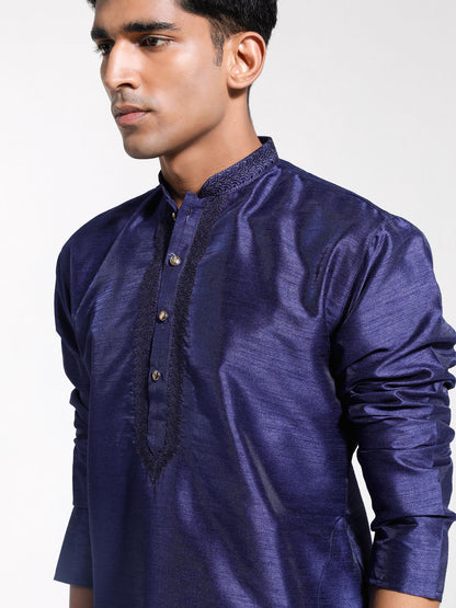 Vastramay Men's Navy Blue Dupion Silk Kurta