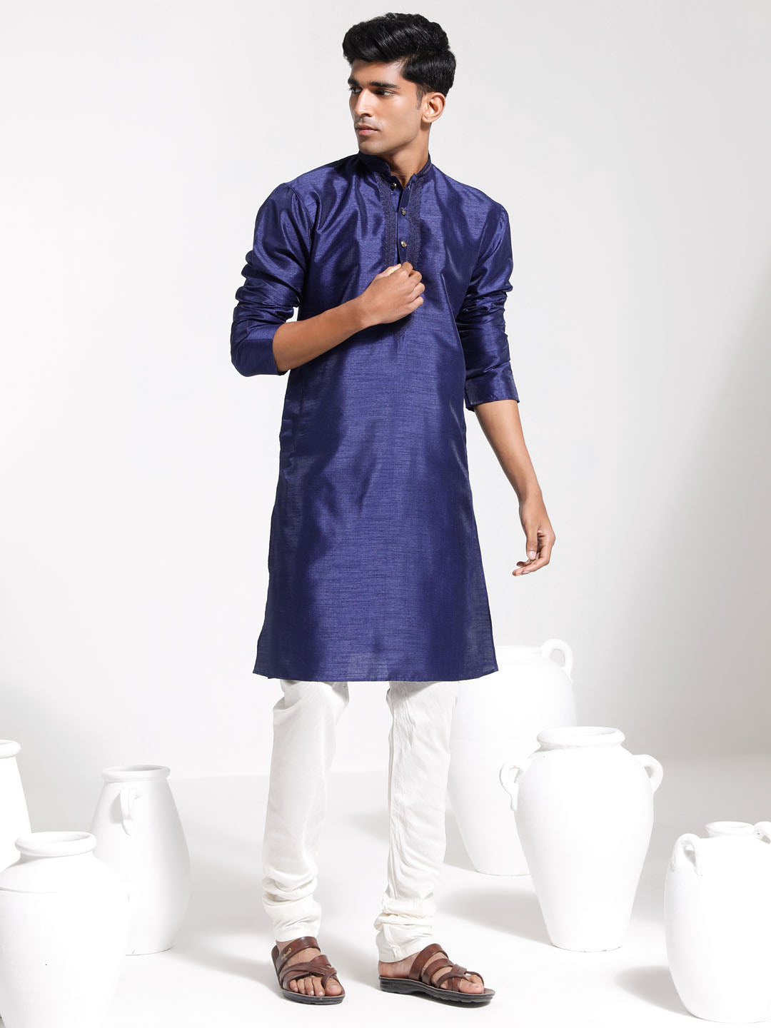 Vastramay Men's Navy Blue Dupion Silk Kurta