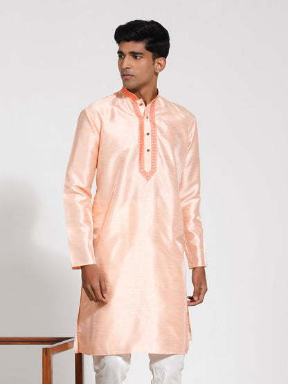 VASTRAMAY Men's Peach Dupion Silk Kurta