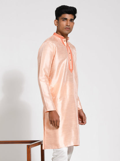 Vastramay Men's Peach Dupion Silk Kurta