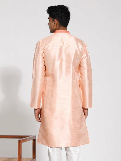 Vastramay Men's Peach Dupion Silk Kurta