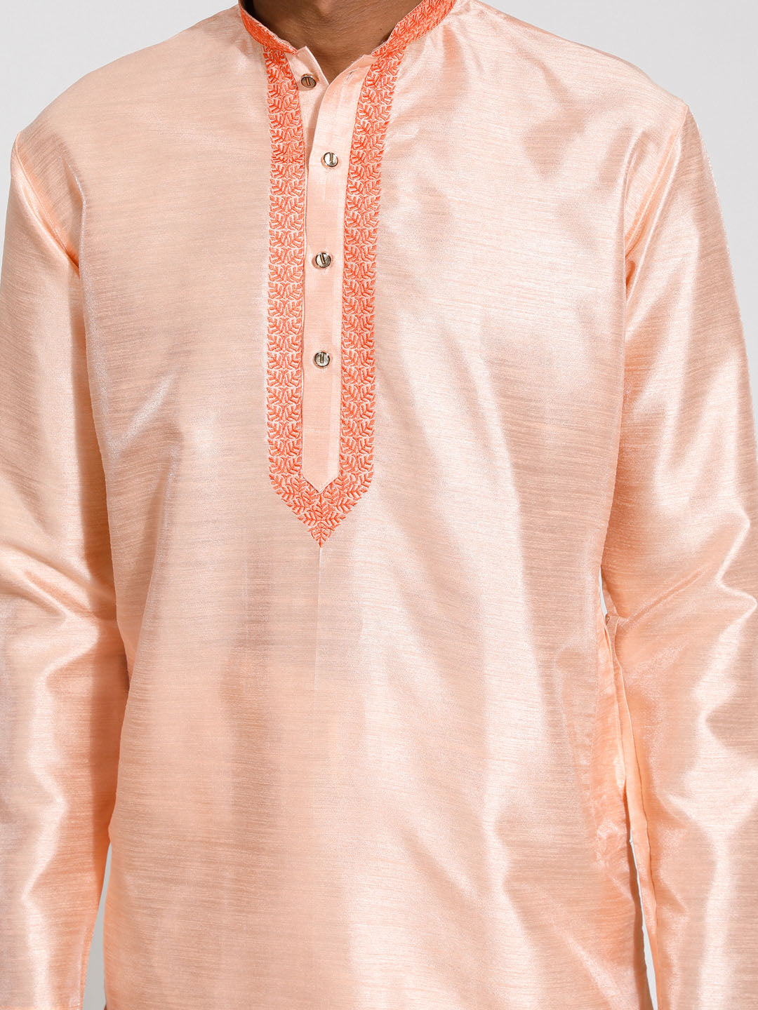 Vastramay Men's Peach Dupion Silk Kurta