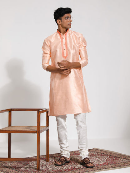 Vastramay Men's Peach Dupion Silk Kurta