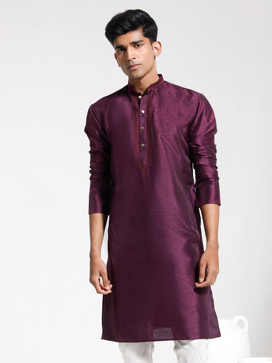 VASTRAMAY Men's Wine Dupion Silk Kurta