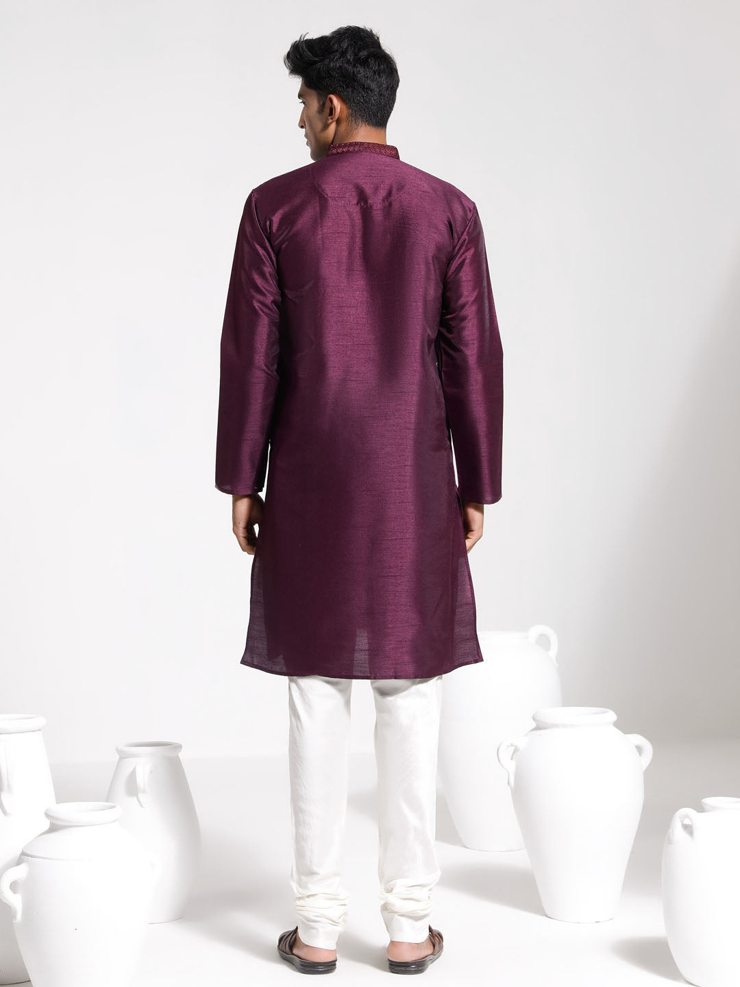 Vastramay Men's Wine Dupion Silk Kurta