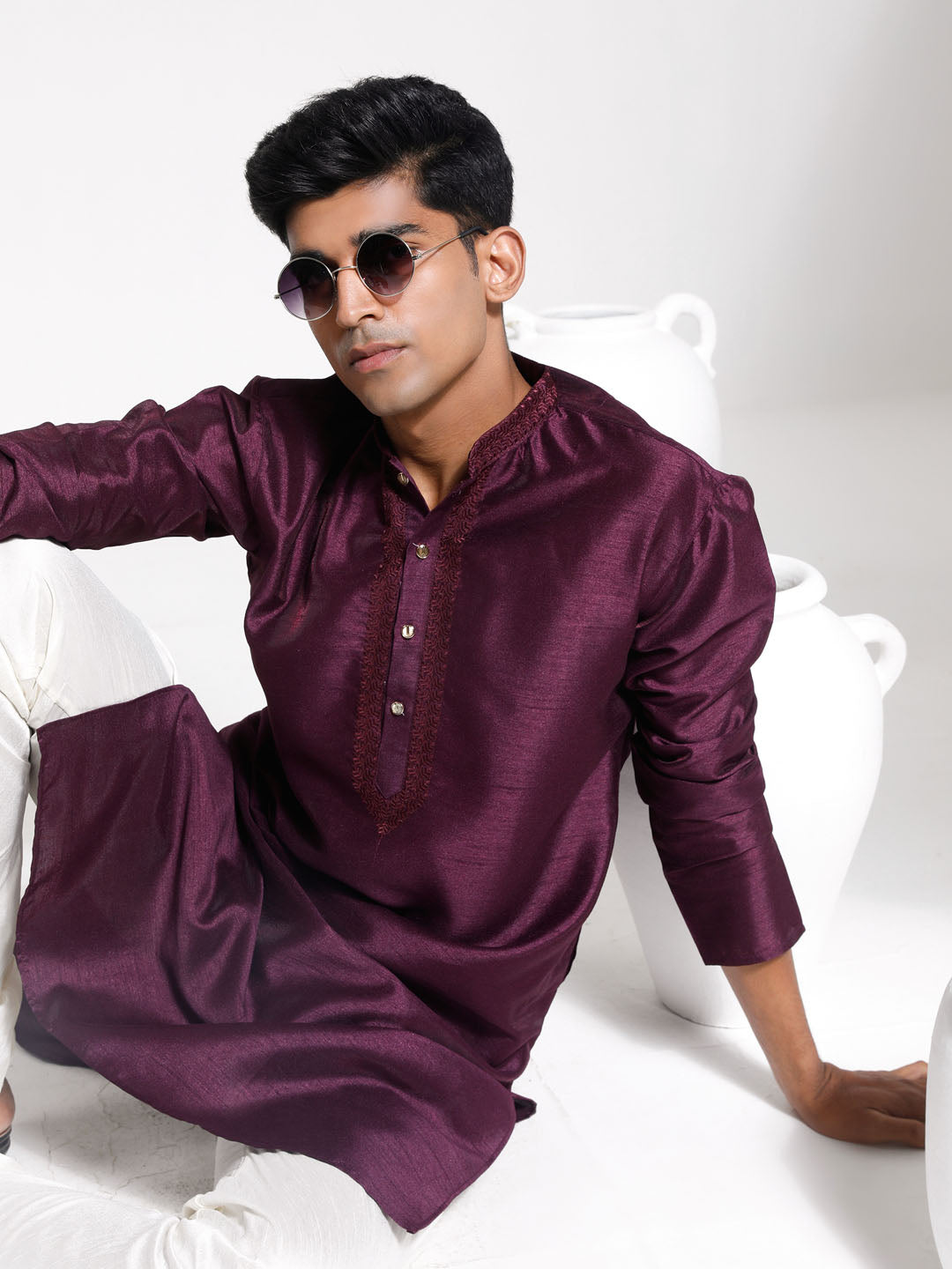 Vastramay Men's Wine Dupion Silk Kurta