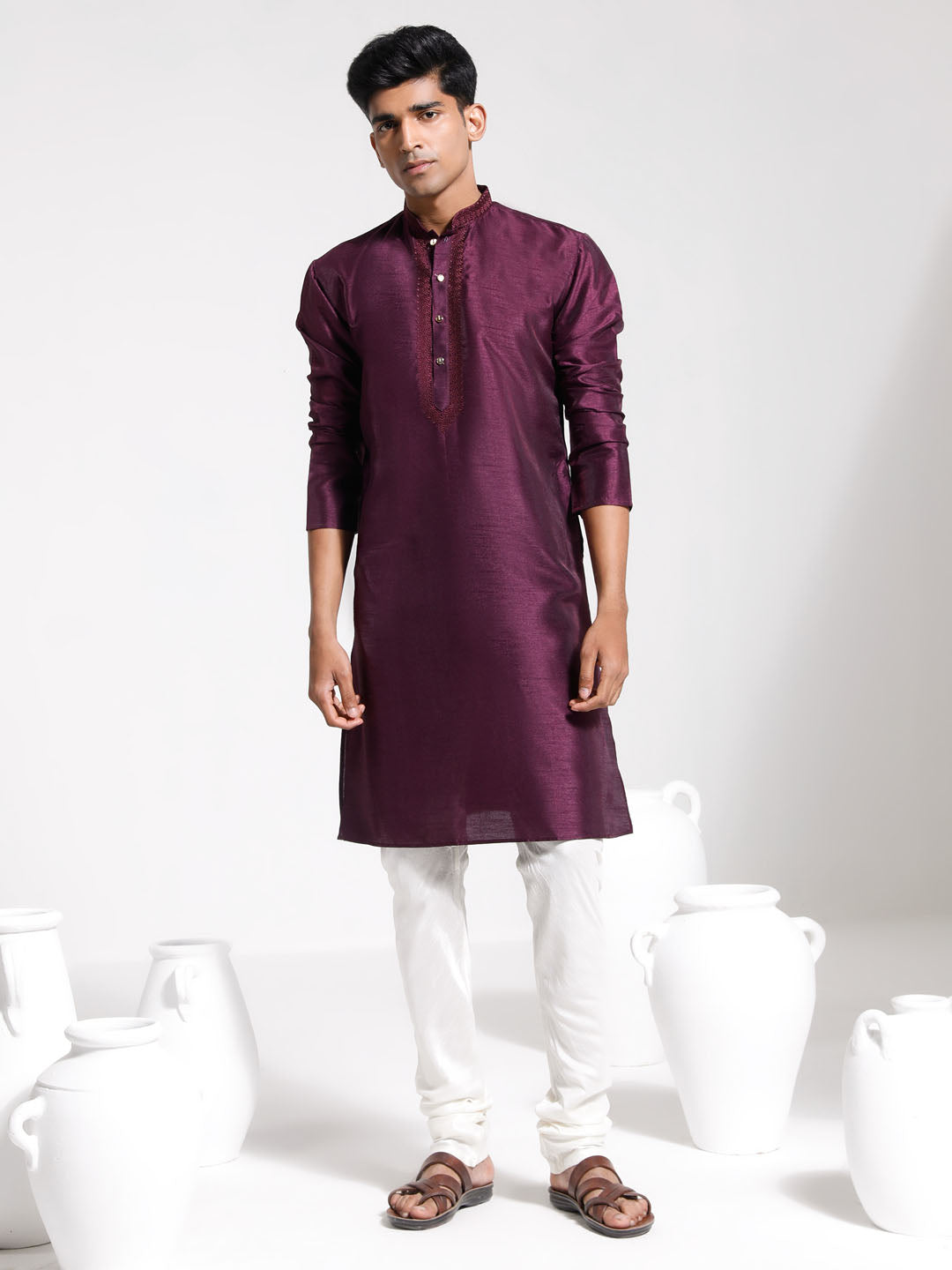 Vastramay Men's Wine Dupion Silk Kurta