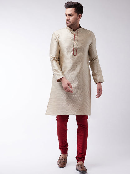 Vastramay Silk Blend Beige and Maroon Baap Beta Kurta Pyjama set