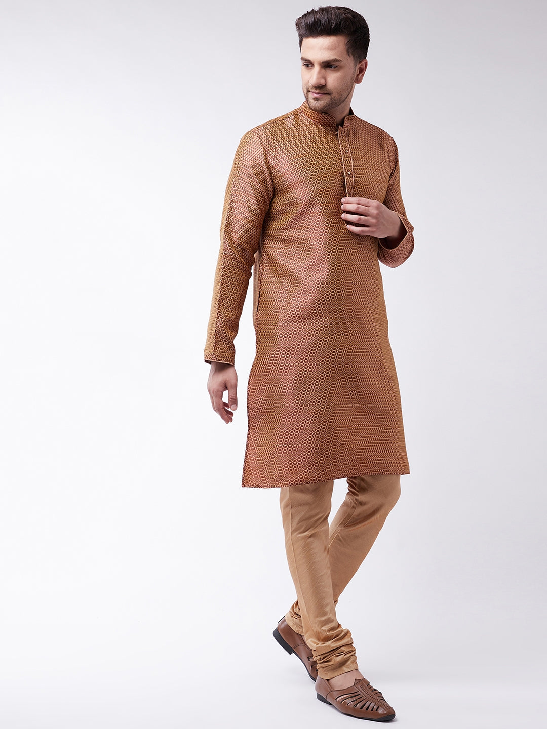 Vastramay Silk Blend Maroon and Rose Gold Baap Beta Kurta Pyjama set