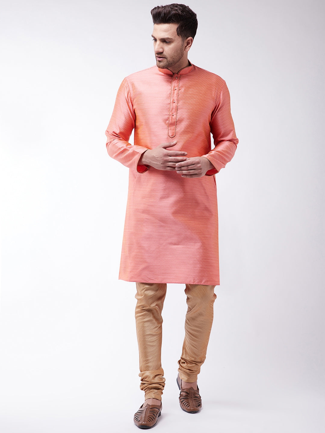 Vastramay Silk Blend Pink and Rose Gold Baap Beta Kurta Pyjama set