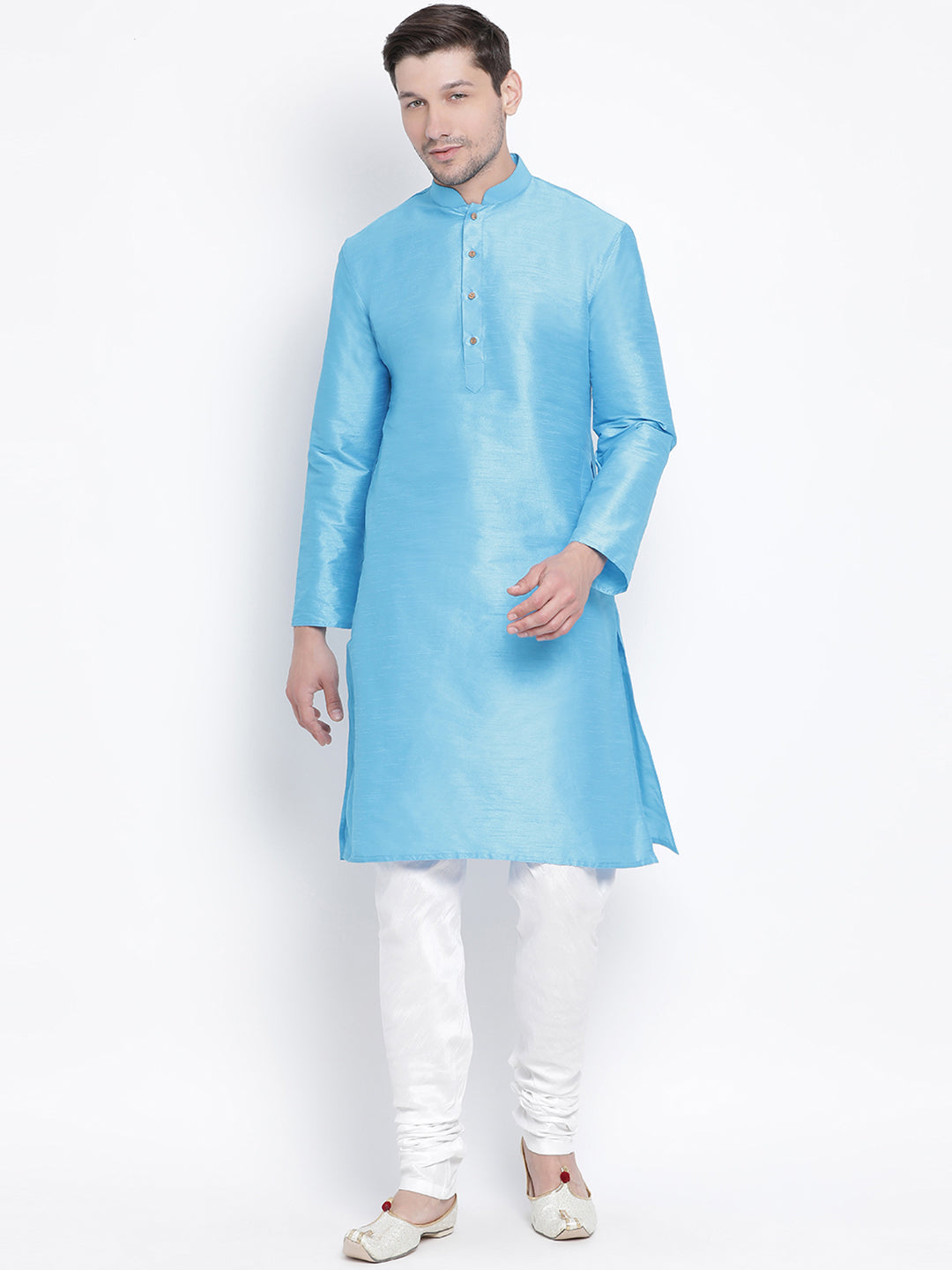 Vastramay Men's Light Blue Cotton Silk Blend Kurta