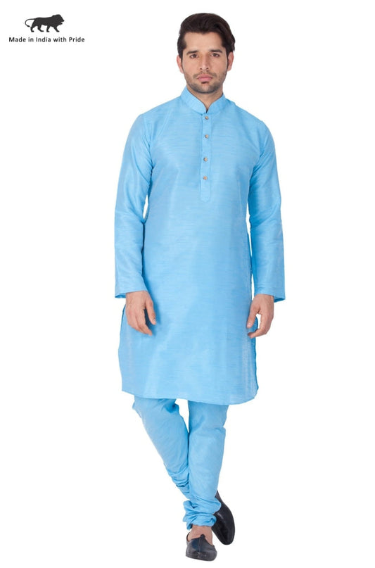 Vastramay Vastramay Men's Light Blue Cotton Silk Blend Kurta and Pyjama Set