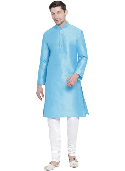 Vastramay Vastramay Men's Light Blue Cotton Silk Blend Kurta and Pyjama Set