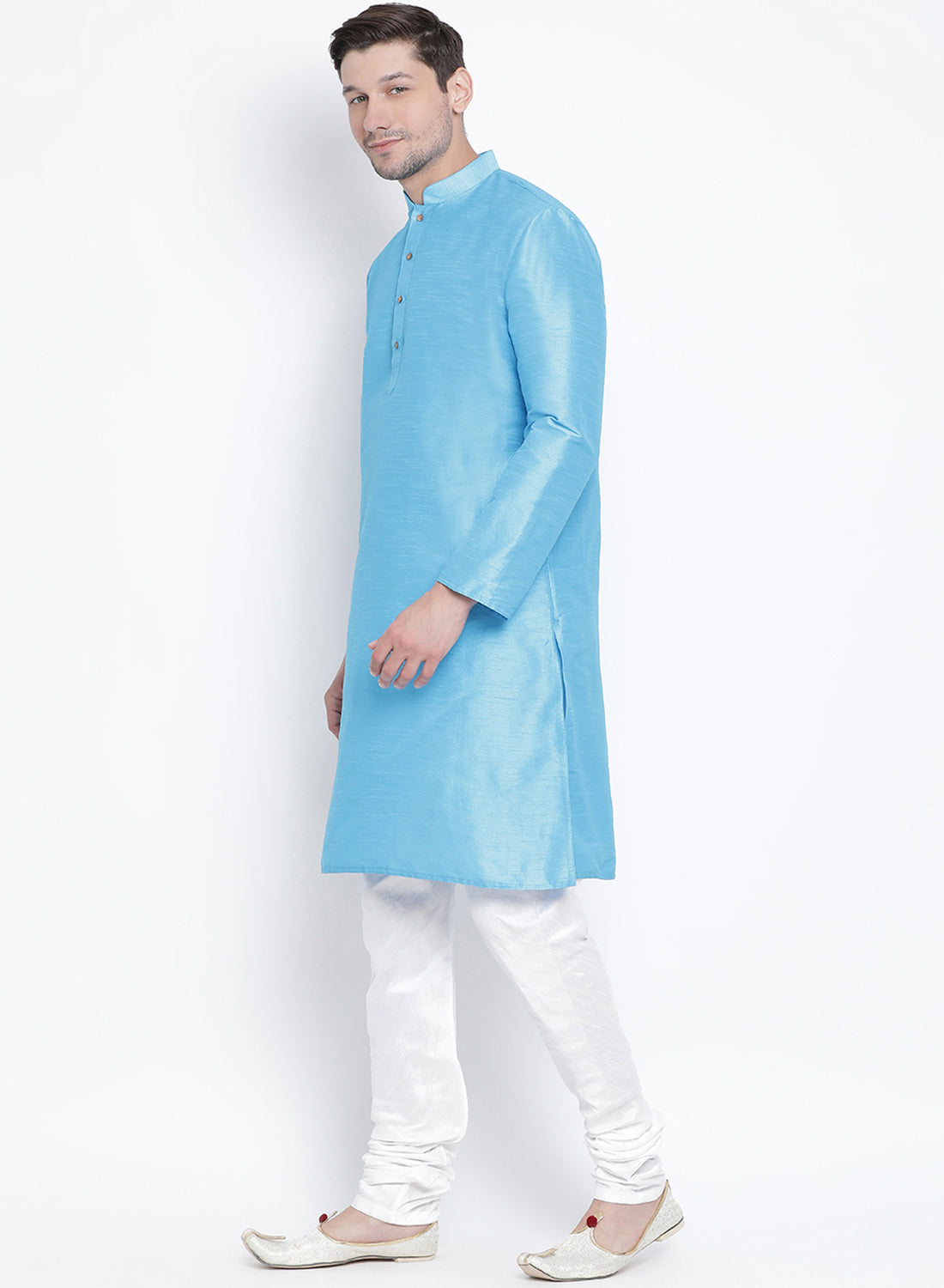 Vastramay Men's Light Blue Cotton Silk Blend Kurta and Pyjama Set