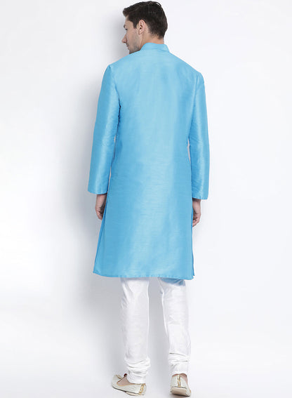 Vastramay Men's Light Blue Cotton Silk Blend Kurta and Pyjama Set