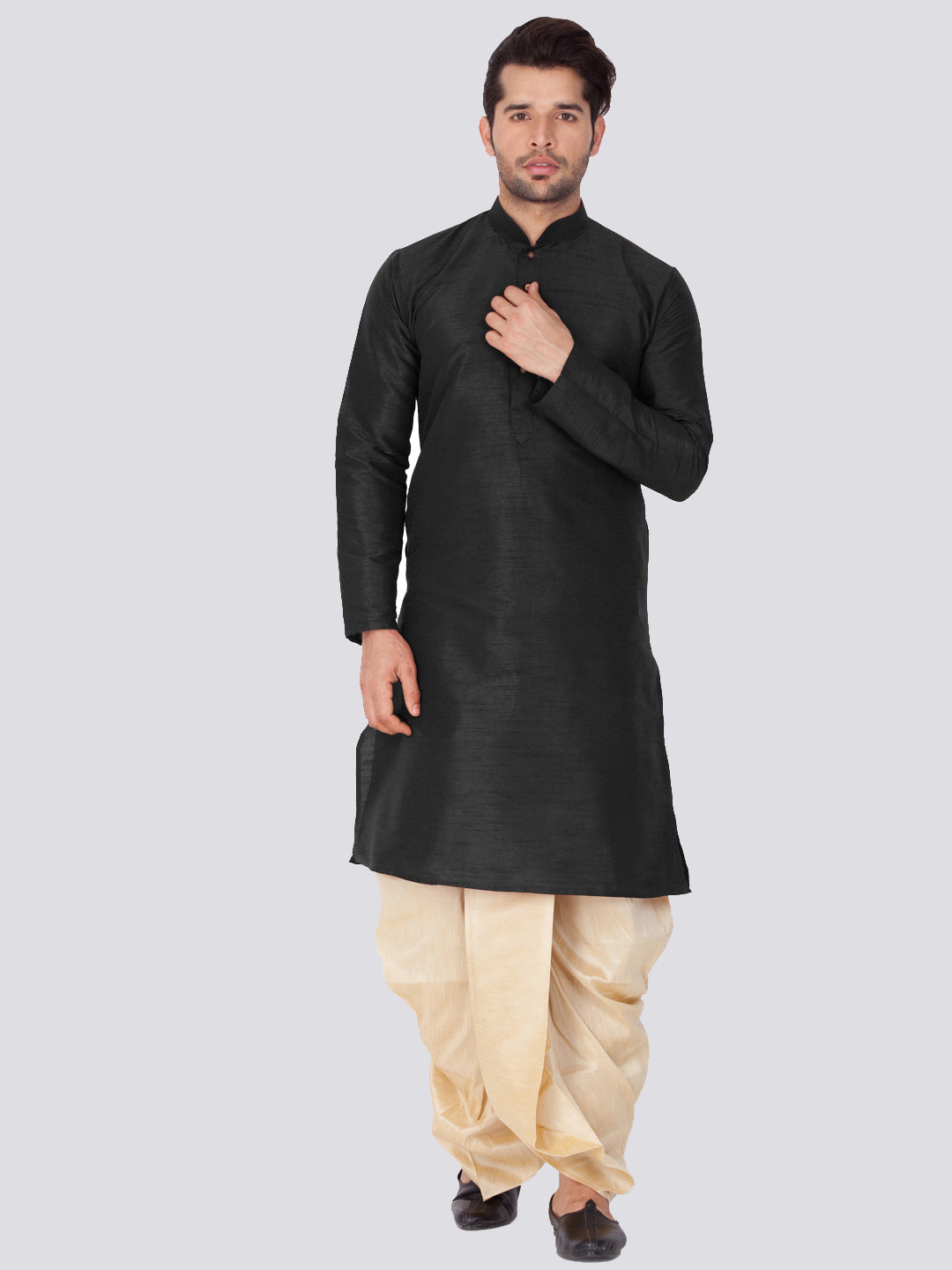 Vastramay Vastramay Men's Black Cotton Silk Blend Kurta and Dhoti Pant Set