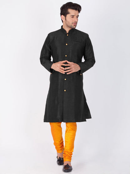 Vastramay Men's Black Silk Blend Sherwani Set