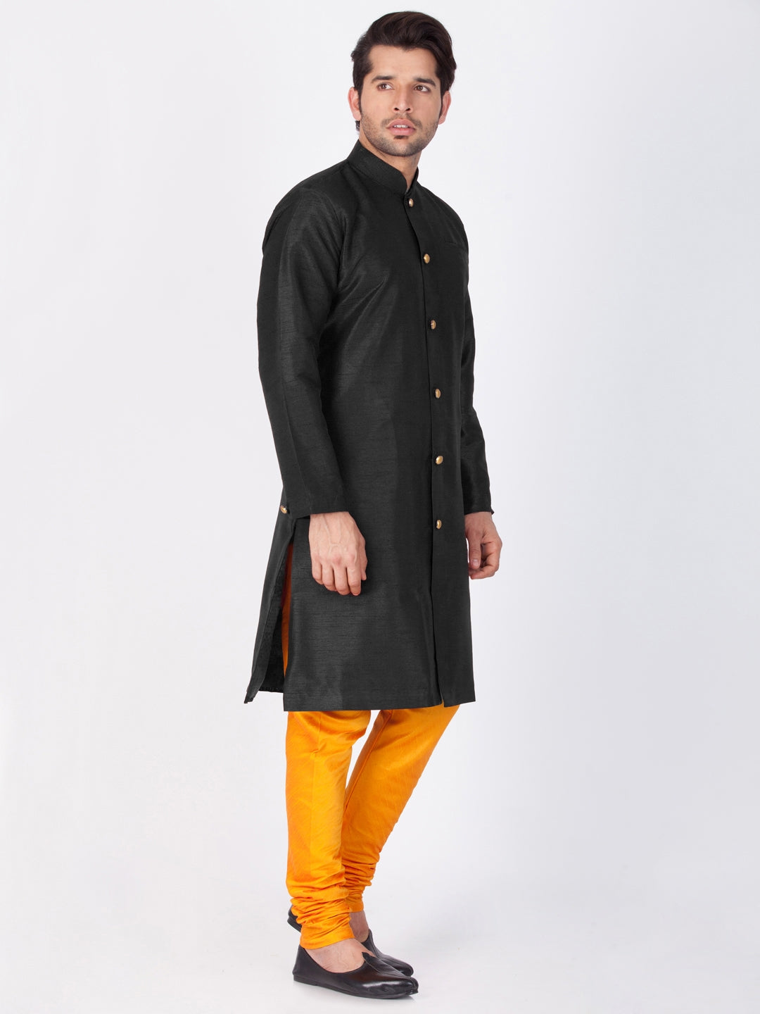 Vastramay Men's Black Silk Blend Sherwani Set