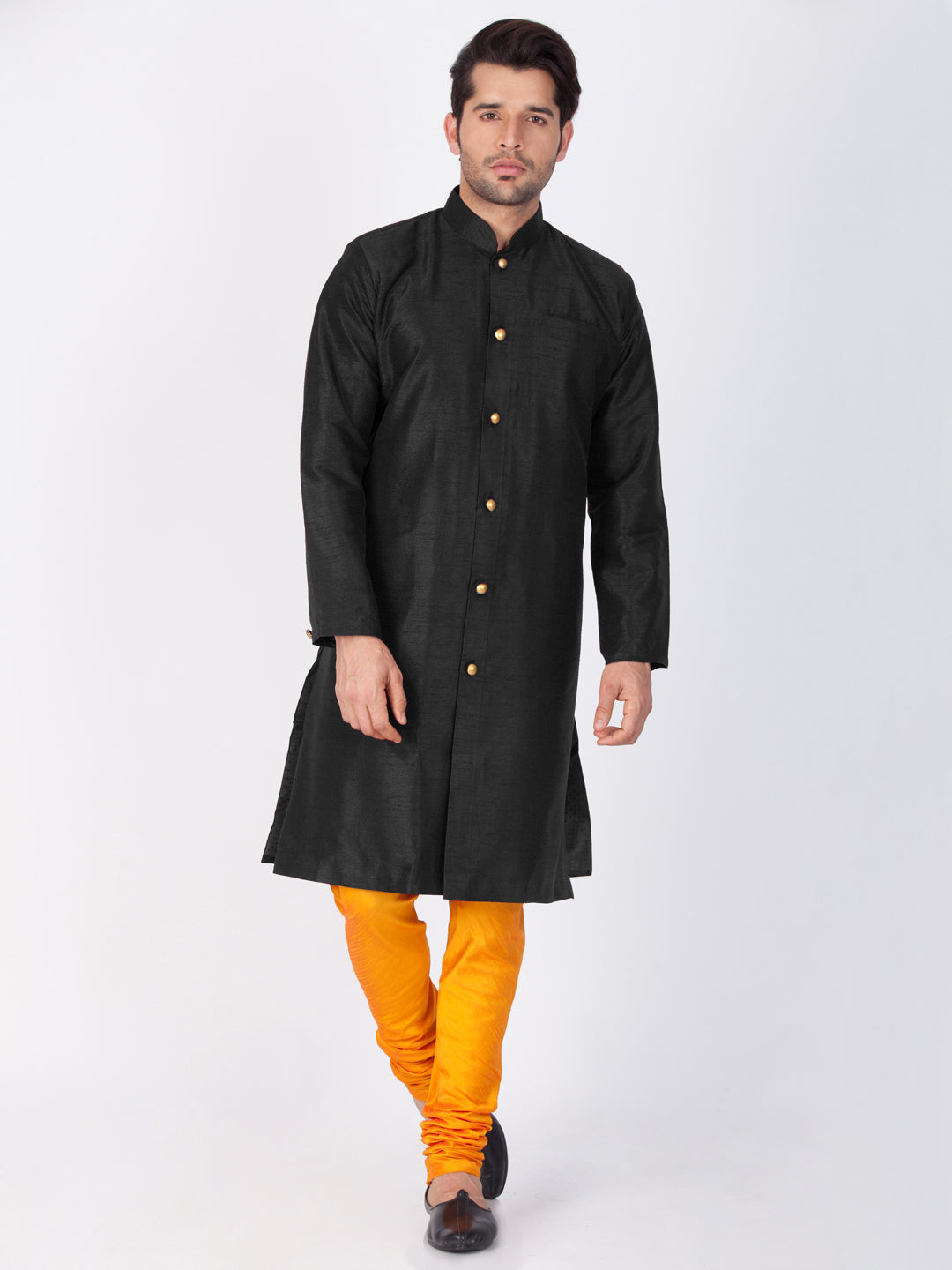 Vastramay Men's Black Silk Blend Sherwani Set