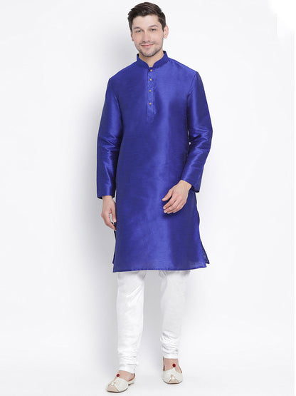 Vastramay Men's Blue Cotton Silk Blend Kurta