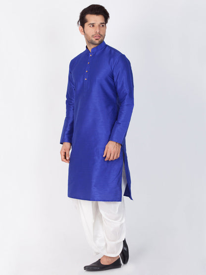 Vastramay Men's Blue Cotton Silk Blend Kurta and Dhoti Pant Set