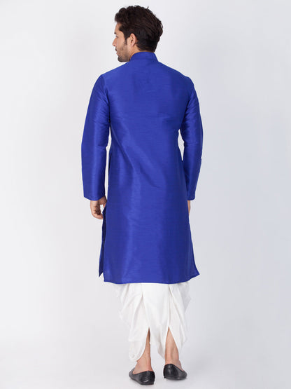 Vastramay Men's Blue Cotton Silk Blend Kurta and Dhoti Pant Set