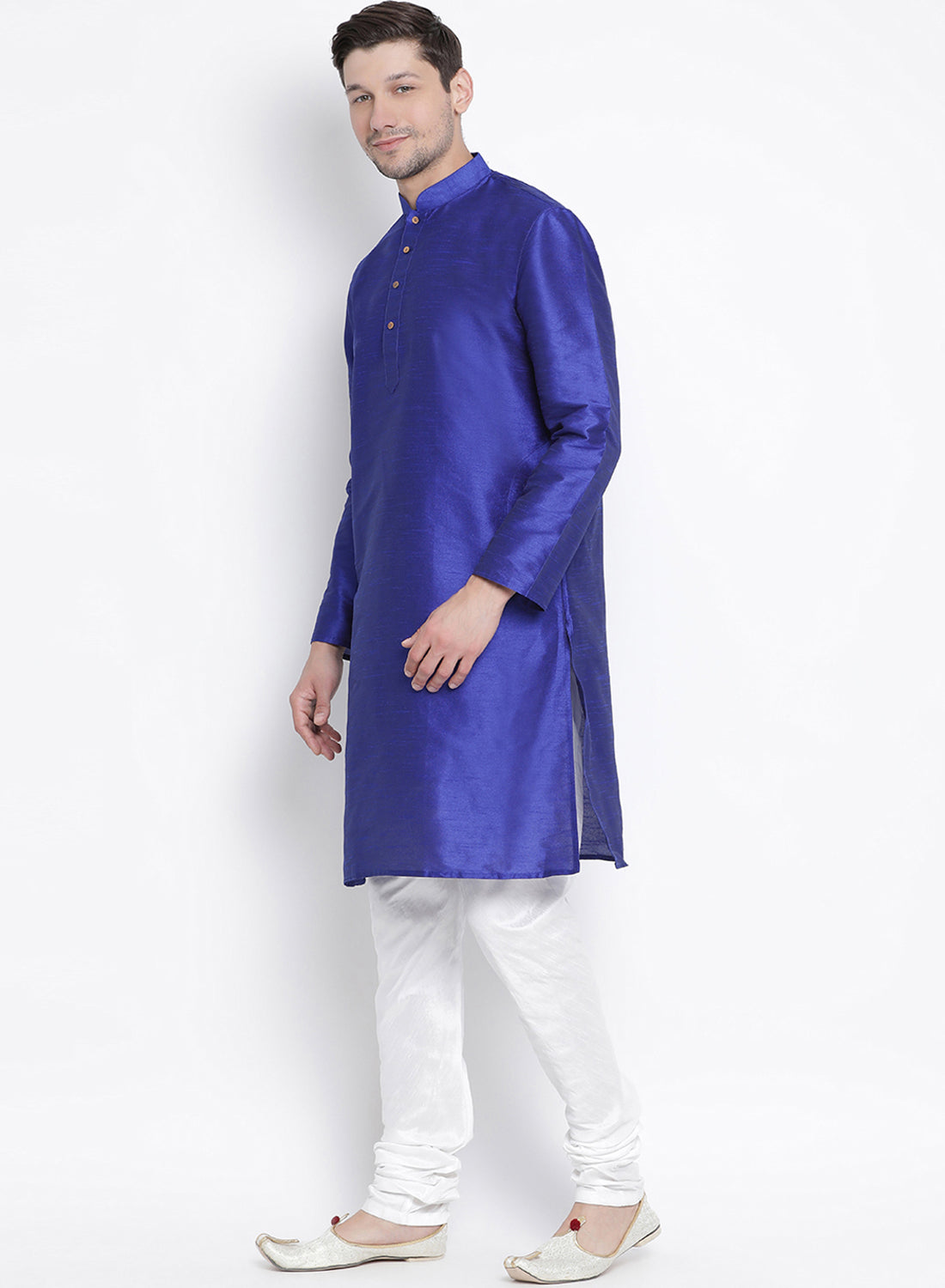 Vastramay Men's Blue Cotton Silk Blend Kurta and Pyjama Set