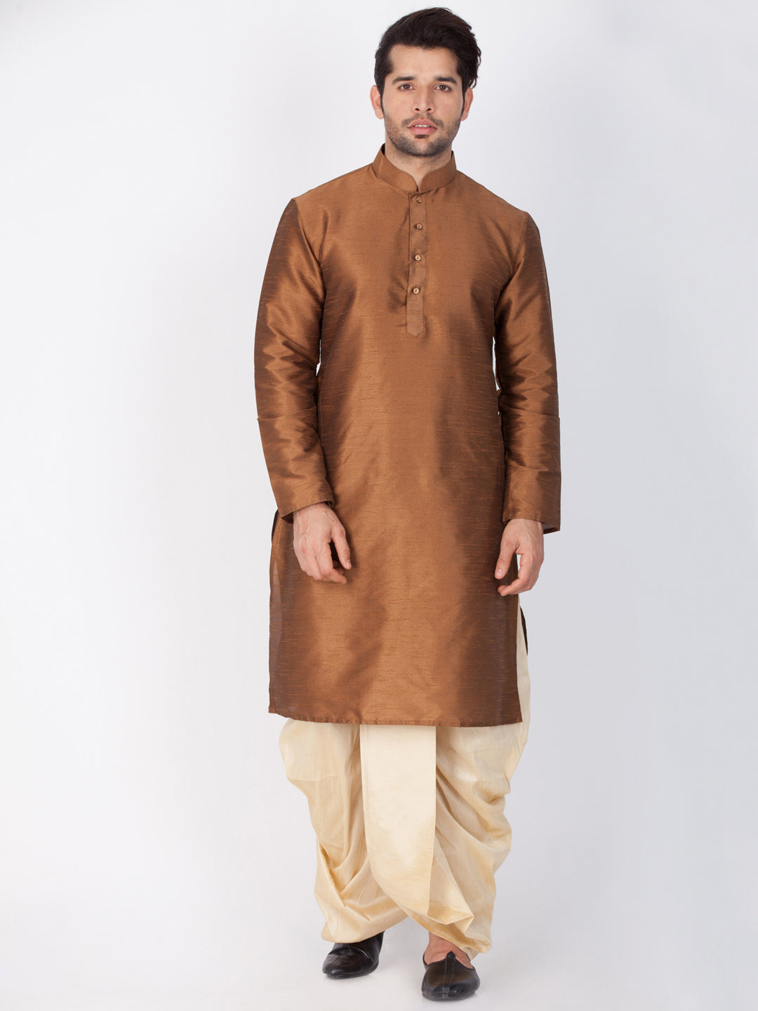 Vastramay Vastramay Men's Brown Cotton Silk Blend Kurta and Dhoti Pant Set