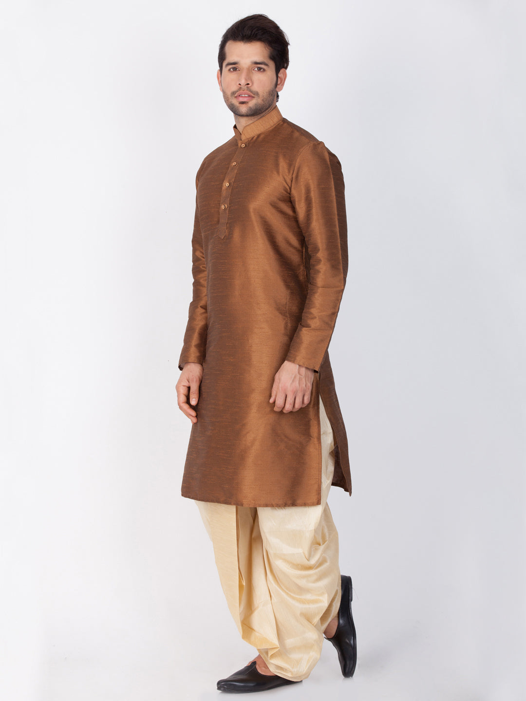 Vastramay Men's Brown Cotton Silk Blend Kurta and Dhoti Pant Set