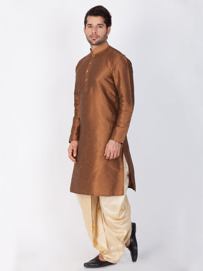 Vastramay Men's Brown Cotton Silk Blend Kurta and Dhoti Pant Set