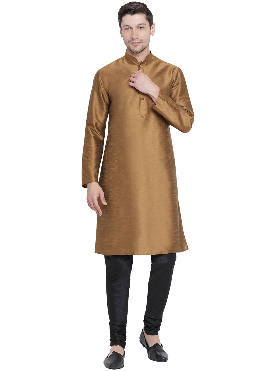 Vastramay Vastramay Men's Brown Cotton Silk Blend Kurta and Pyjama Set