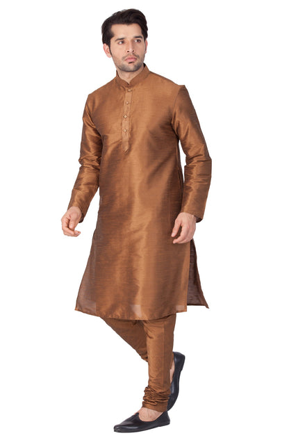 Vastramay Men's Brown Cotton Silk Blend Kurta and Pyjama Set